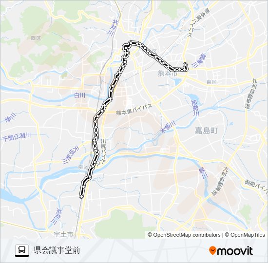 K6-0/R1-2：国町駐車場→川尻市道～水前寺公園前→県会議事堂前 Bus Line Map