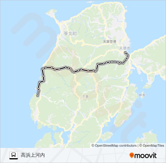 本渡バスセンター→イオン前・仮俣→高浜上河内 Bus Line Map