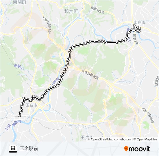 山鹿バスセンター→東郷農協前・蛇ヶ谷公園→玉名駅前 Bus Line Map