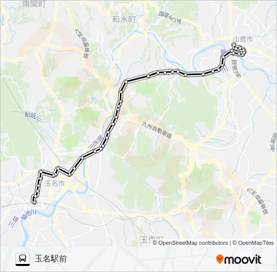 山鹿バスセンター→東郷農協前・蛇ヶ谷公園→玉名駅前 バスの路線図