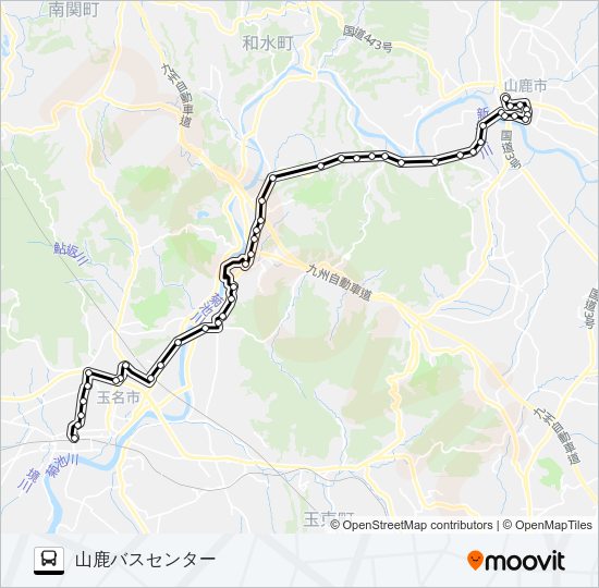 玉名駅前→蛇ヶ谷公園・東郷農協前→山鹿バスセンター Bus Line Map
