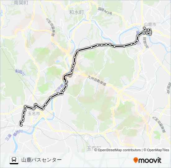 玉名駅前→蛇ヶ谷公園・東郷農協前→山鹿バスセンター バスの路線図