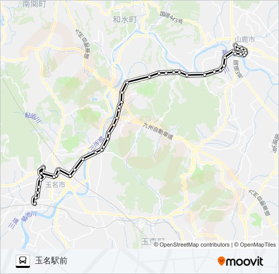 山鹿バスセンター→東郷農協前・看護福祉大学→玉名駅前 Bus Line Map