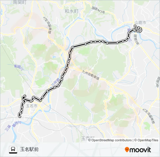山鹿バスセンター→東郷農協前・看護福祉大学→玉名駅前 バスの路線図