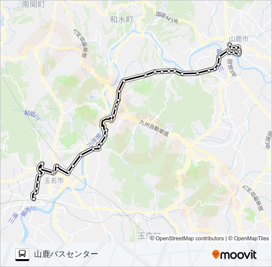 玉名駅前→看護福祉大学・東郷農協前→山鹿バスセンター Bus Line Map