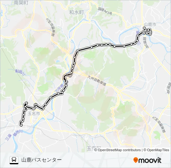 玉名駅前→看護福祉大学・東郷農協前→山鹿バスセンター Bus Line Map