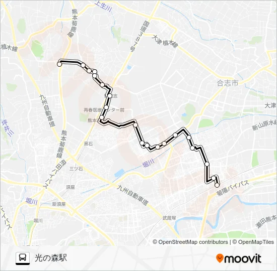 中央ルート　ユーパレス弁天→御代志→熊本高専→泉ヶ丘→光の森駅 Bus Line Map