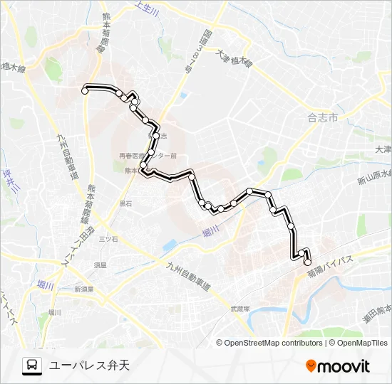中央ルート　光の森駅→泉ヶ丘→熊本高専→御代志→ユーパレス弁天 Bus Line Map