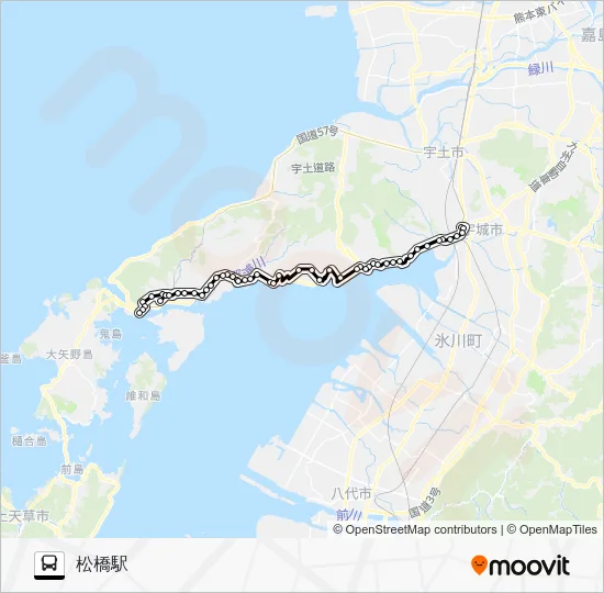 三角産交→三角病院～大口→松橋駅 Bus Line Map