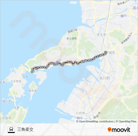 松橋駅→大口～三角病院→三角産交 バスの路線図