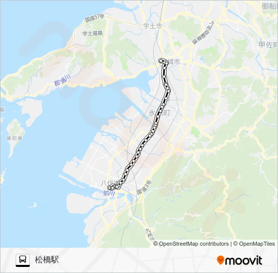 八代市役所→大村～鏡四つ角→松橋駅 バスの路線図