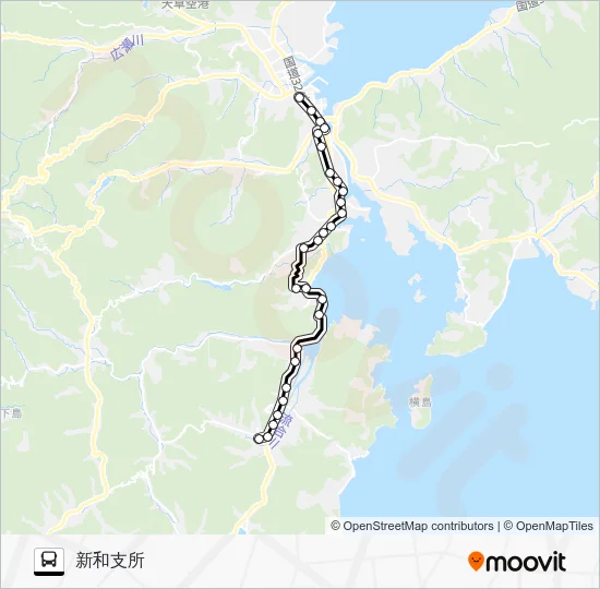 本渡バスセンター→楠浦～元浦→新和支所 バスの路線図