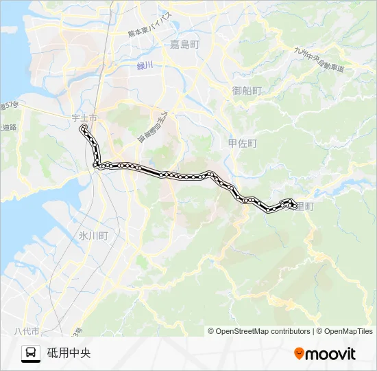 宇土本町二丁目→山崎橋～堅志田→砥用中央 バスの路線図