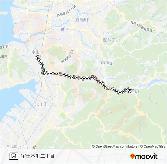 砥用中央→堅志田～山崎橋→宇土本町二丁目 バスの路線図