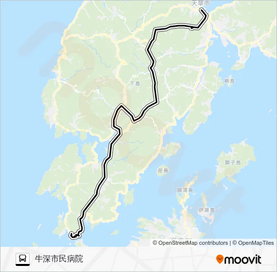 本渡バスセンター→かかしの里～一町田中央→牛深市民病院 バスの路線図