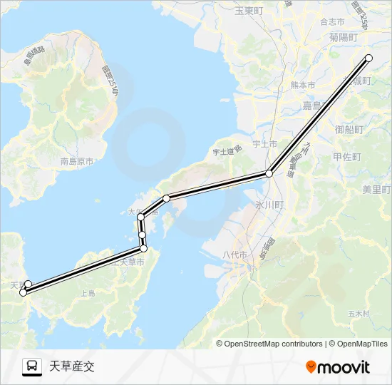 あまぽ：阿蘇くまもと空港→宇城市不知火支所前～三角産交→天草産交 Bus Line Map