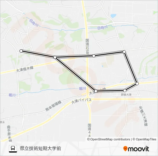 県技短→JASM→大津支援学校→肥後大津駅→JASM→県技短 バスの路線図