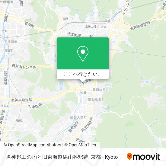 名神起工の地と旧東海道線山科駅跡地図
