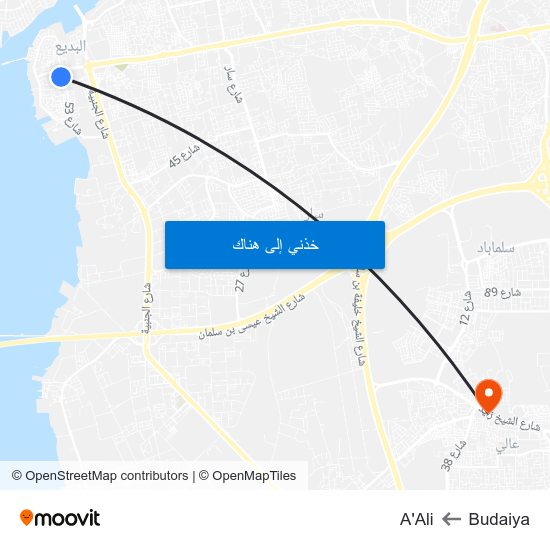 Budaiya to A'Ali map