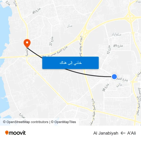 A'Ali to Al Janabiyah map