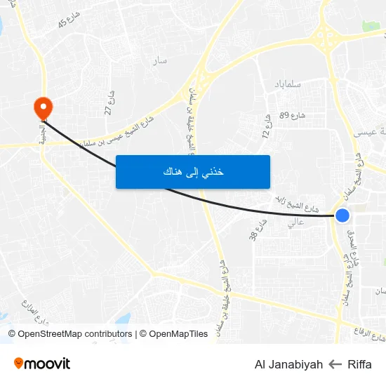 Riffa to Al Janabiyah map