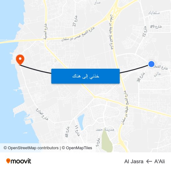 A'Ali to Al Jasra map