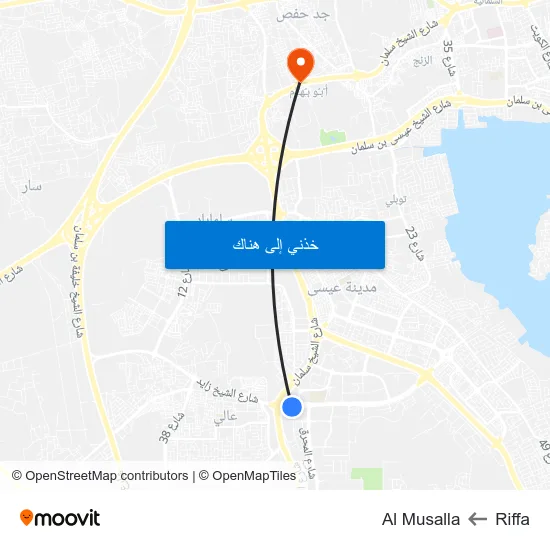 Riffa to Al Musalla map