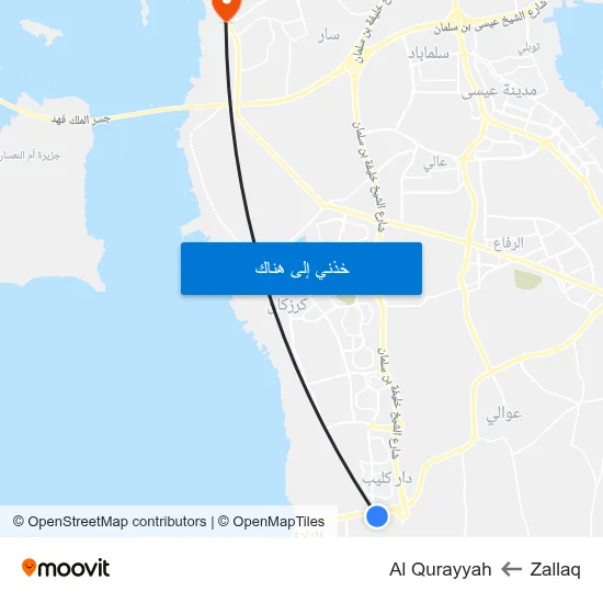 Zallaq to Al Qurayyah map