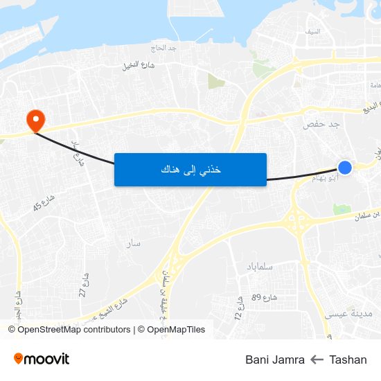 Tashan to Bani Jamra map