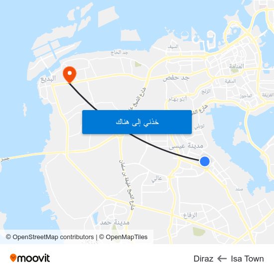 Isa Town to Diraz map