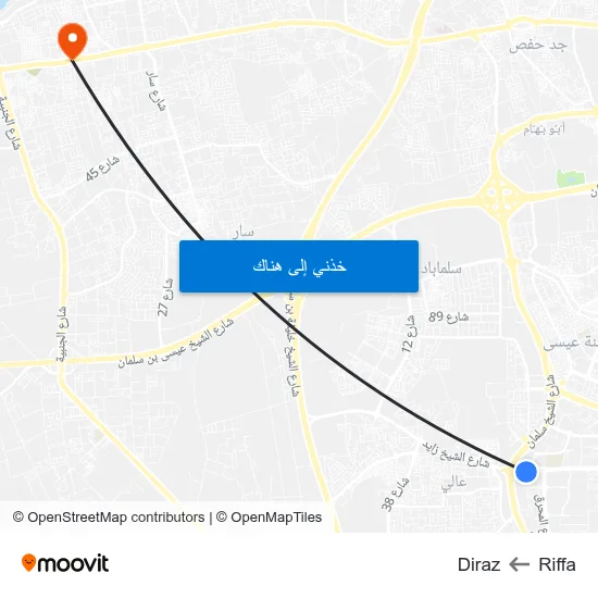 Riffa to Diraz map