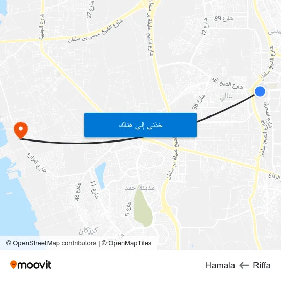 Riffa to Hamala map