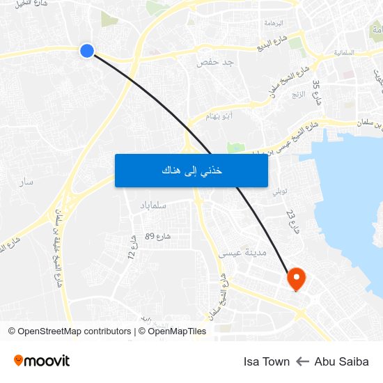 Abu Saiba to Isa Town map