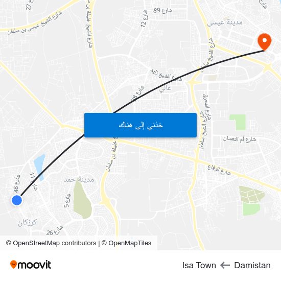 Damistan to Isa Town map