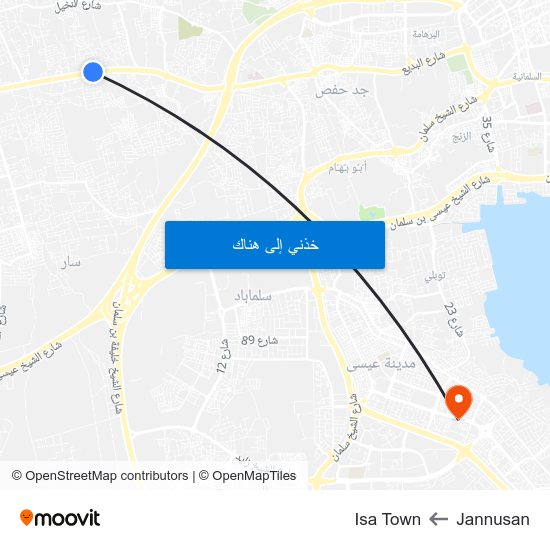 Jannusan to Isa Town map