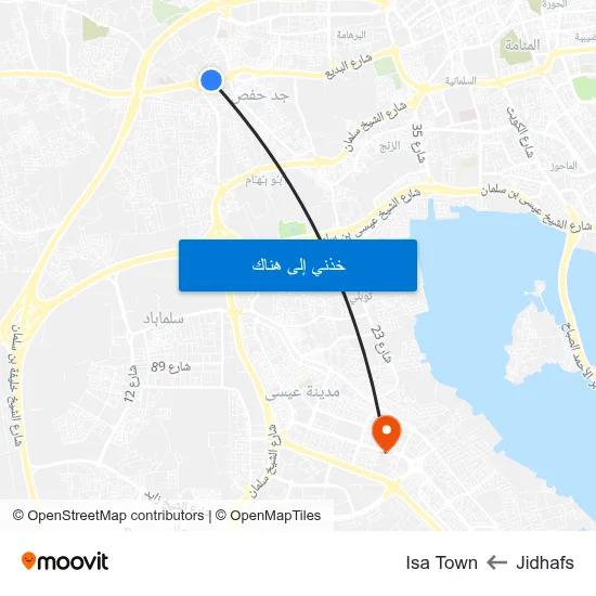 Jidhafs to Isa Town map