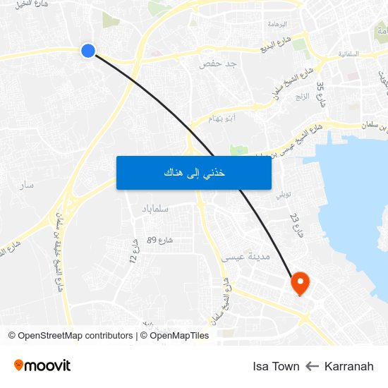 Karranah to Isa Town map