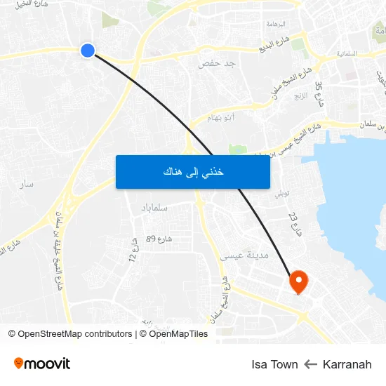 Karranah to Isa Town map