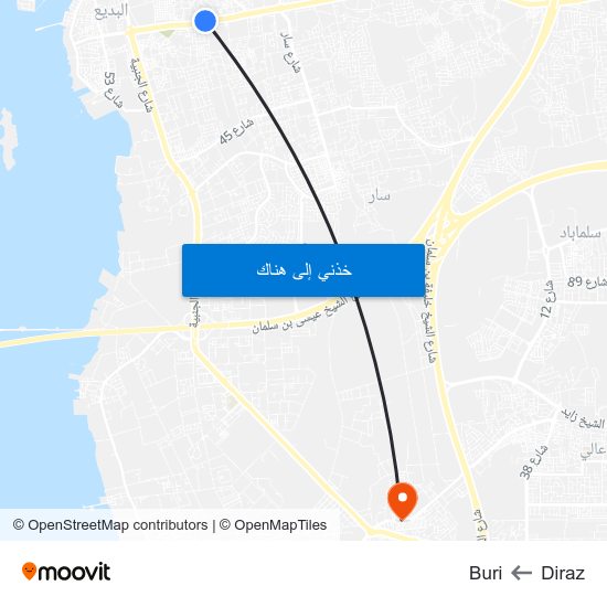 Diraz to Buri map