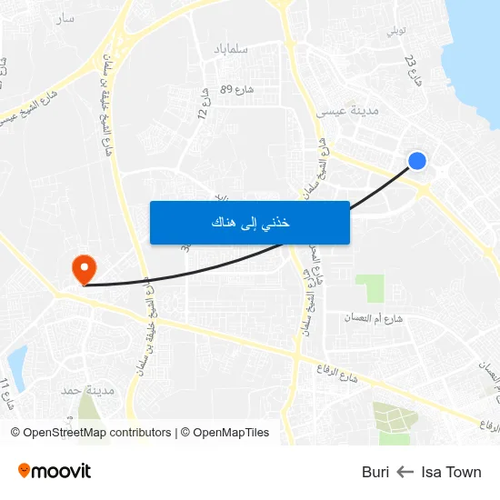 Isa Town to Buri map