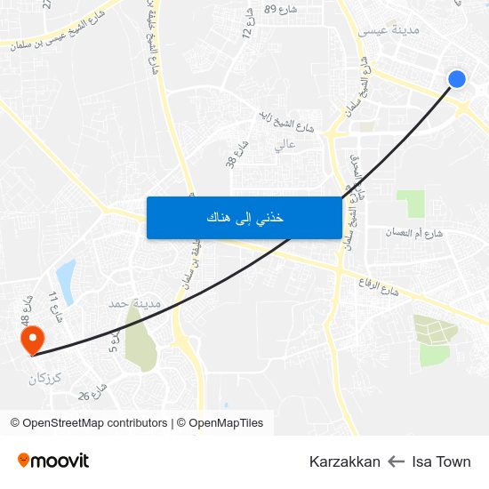 Isa Town to Karzakkan map