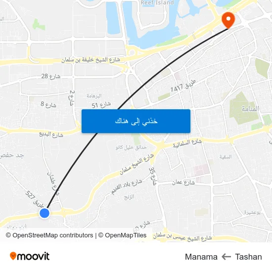 Tashan to Manama map