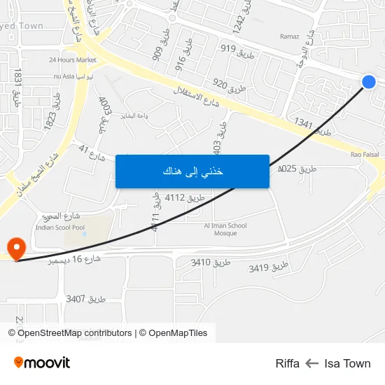 Isa Town to Riffa map