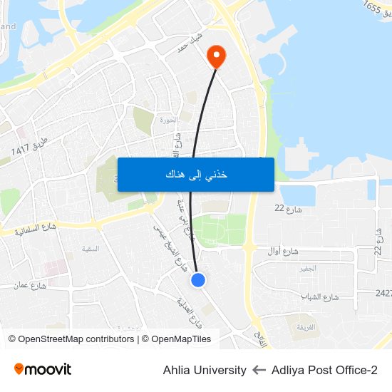 Adliya Post Office-2 to Ahlia University map