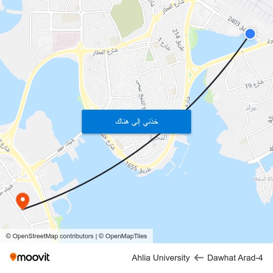 Dawhat Arad-4 to Ahlia University map