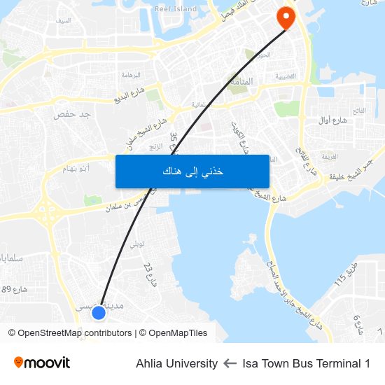 Isa Town Bus Terminal 1 to Ahlia University map