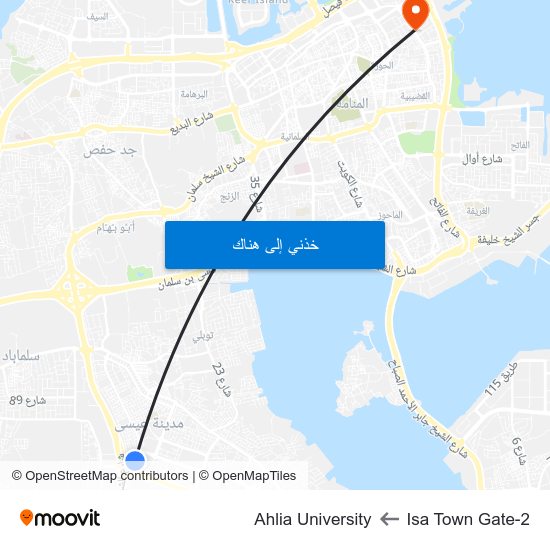 Isa Town Gate-2 to Ahlia University map