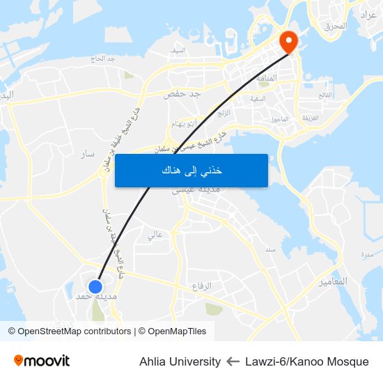 Lawzi-6/Kanoo Mosque to Ahlia University map