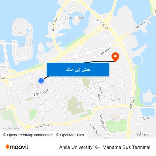 Manama Bus Terminal to Ahlia University map