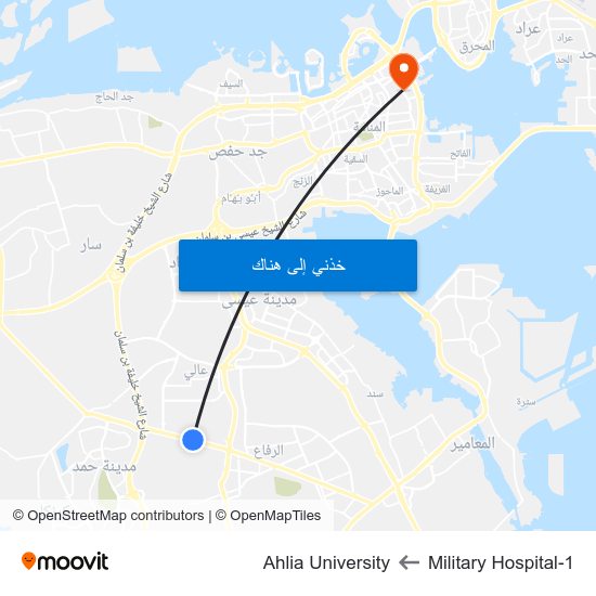 Military Hospital-1 to Ahlia University map
